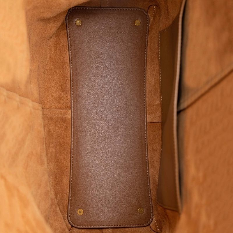 Genuine Leather Shoulder Bucket Bag Caramel color showing the interior of the bag