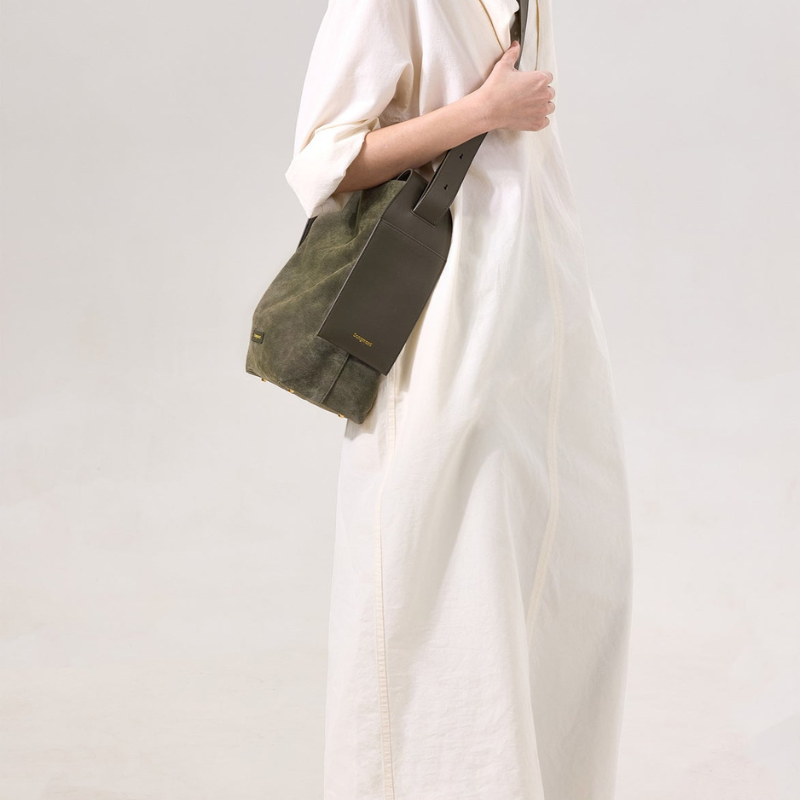 Genuine Leather Shoulder Bucket Bag Olive color crossbody