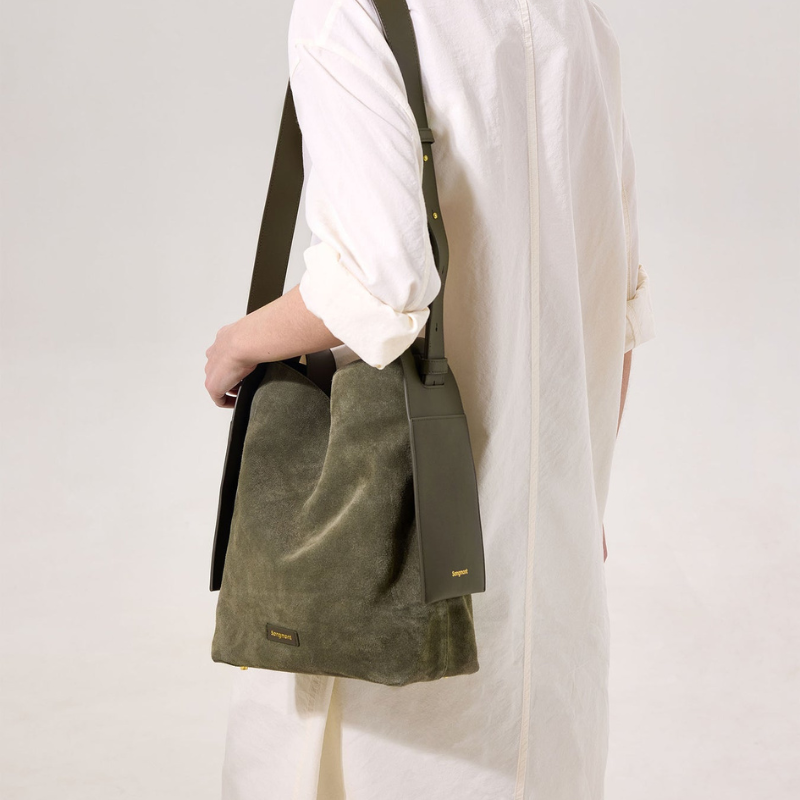 Genuine Leather Shoulder Bucket Bag Olive color from the side