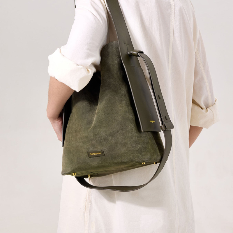 Genuine Leather Shoulder Bucket Bag Olive color shoulder bag