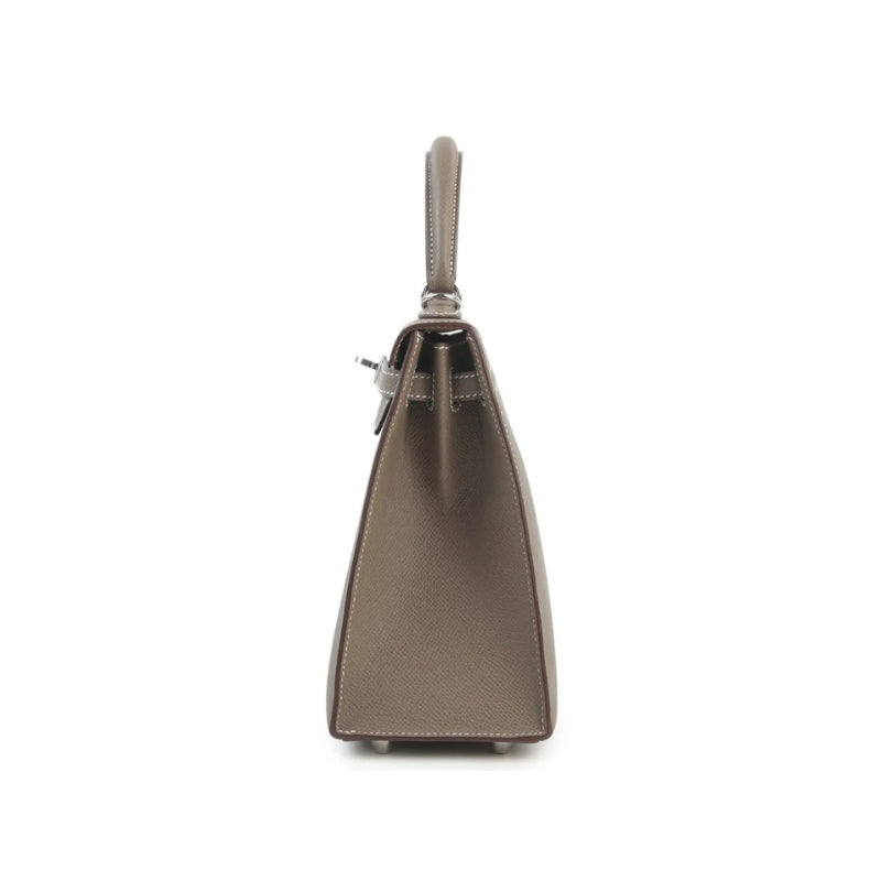 Genuine Leather Top Handle Luxury Bag taupe color from the side