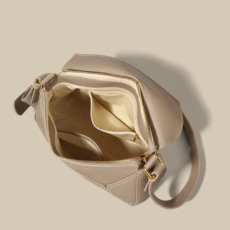 Genuine Leather Vintage Patchwork Crossbody Puzzle Bag Taupe showing the interior