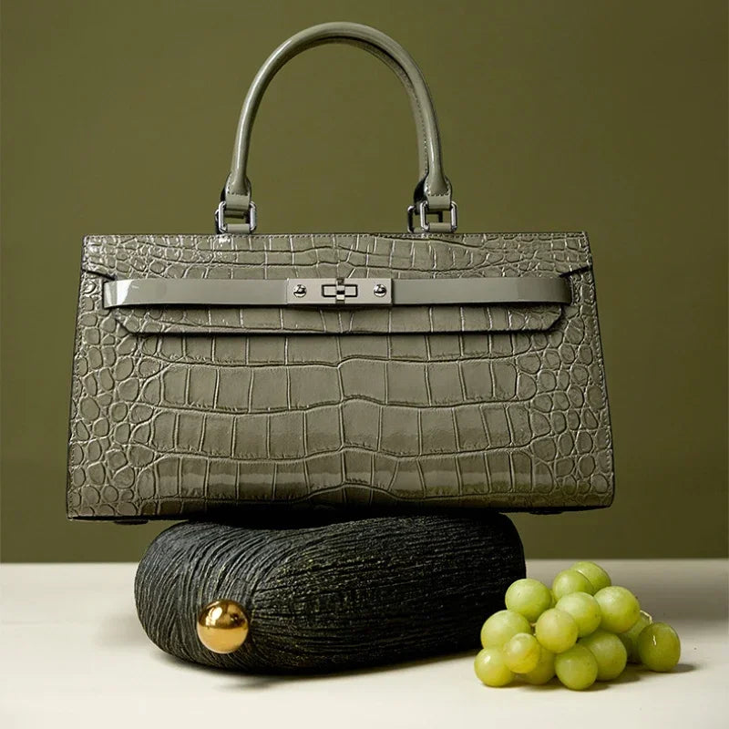Gray Crocodile Leather Lock Buckle Top Handle Crossbody Bag 