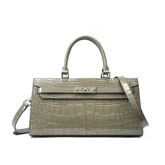 Gray Patent Crocodile Leather Lock Buckle Top Handle Crossbody Bag