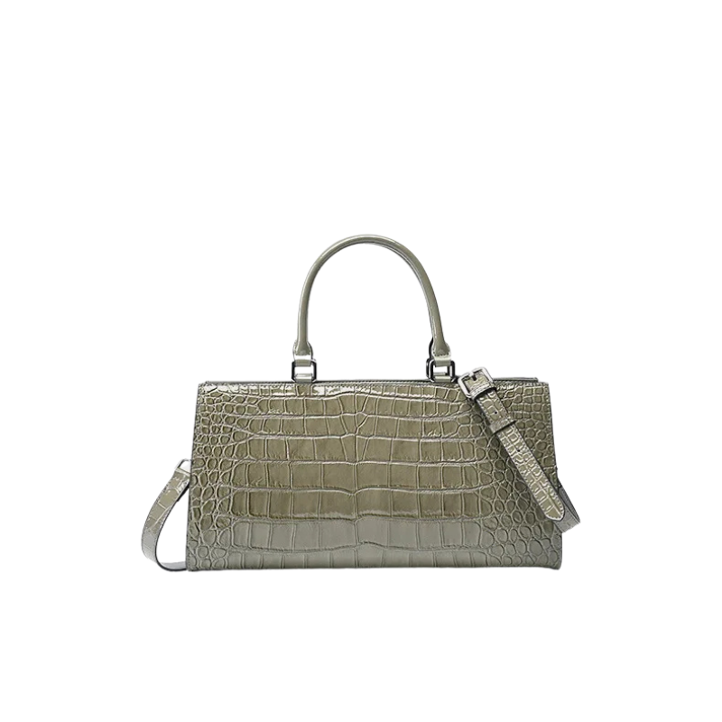 Gray Patent Crocodile Leather Lock Buckle Top Handle Crossbody Bag from the back