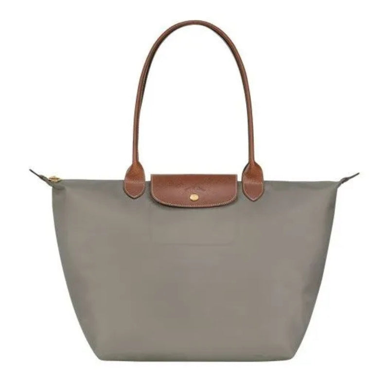 Gray foldable tote bag with brown leather handles