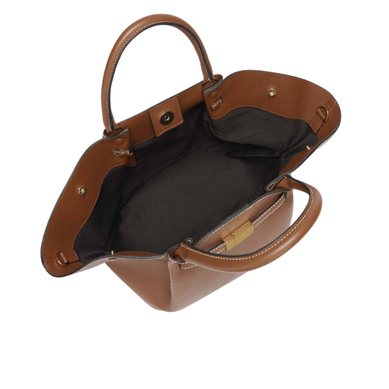 Interior of calf leather tote bag for everyday work showing storage space
