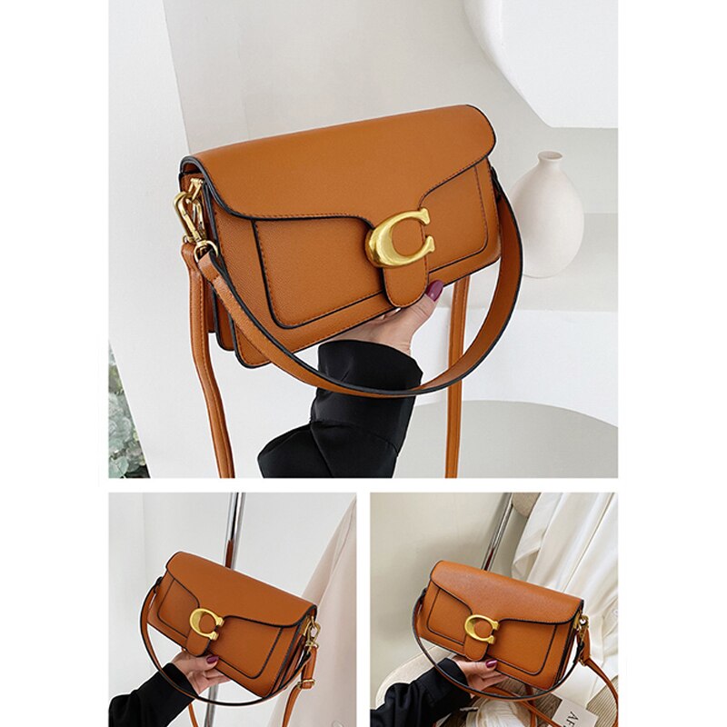 Leather Shoulder Crossbody Bag held by model in caramel color lifestyle 2