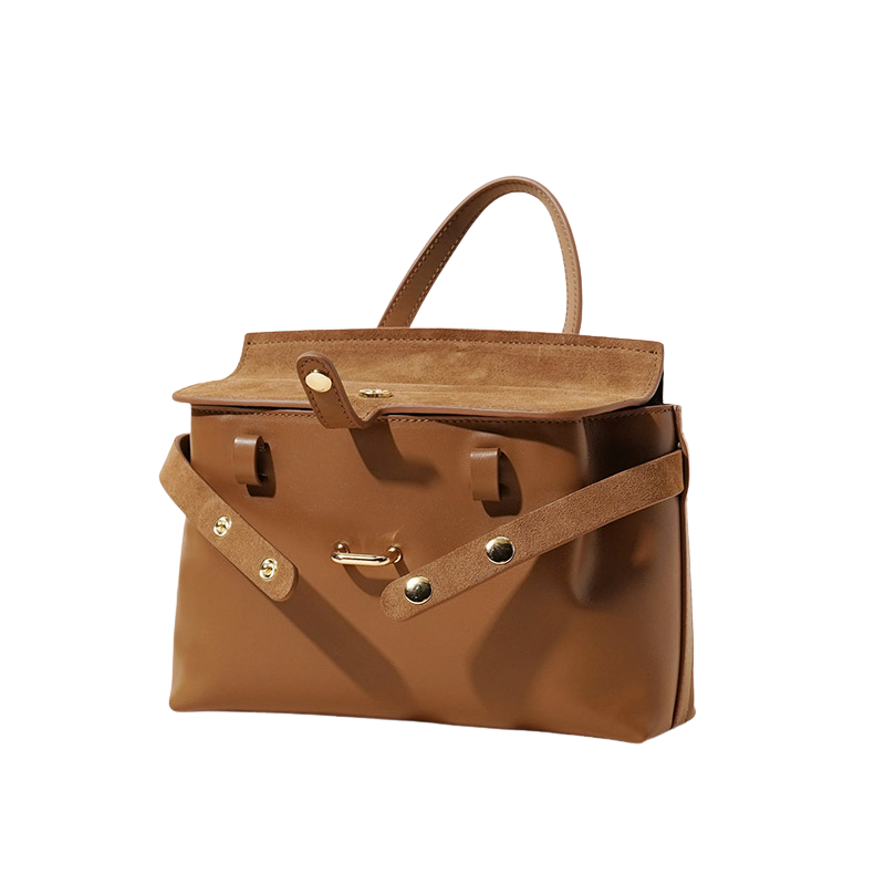 Leather flap crossbody bag, front view, buckle detail