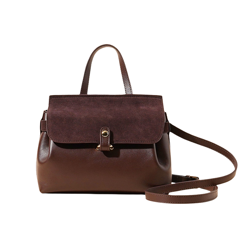 Leather flap crossbody bag in dark brown with top handle