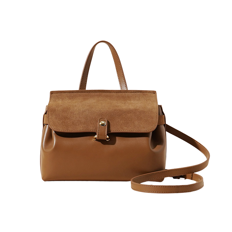 Leather flap crossbody bag with top handle, tan, suede panel