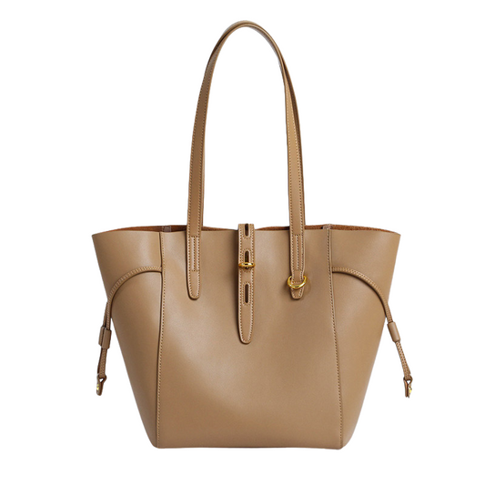 Leather tote bag for daily use women front view with lock clasp