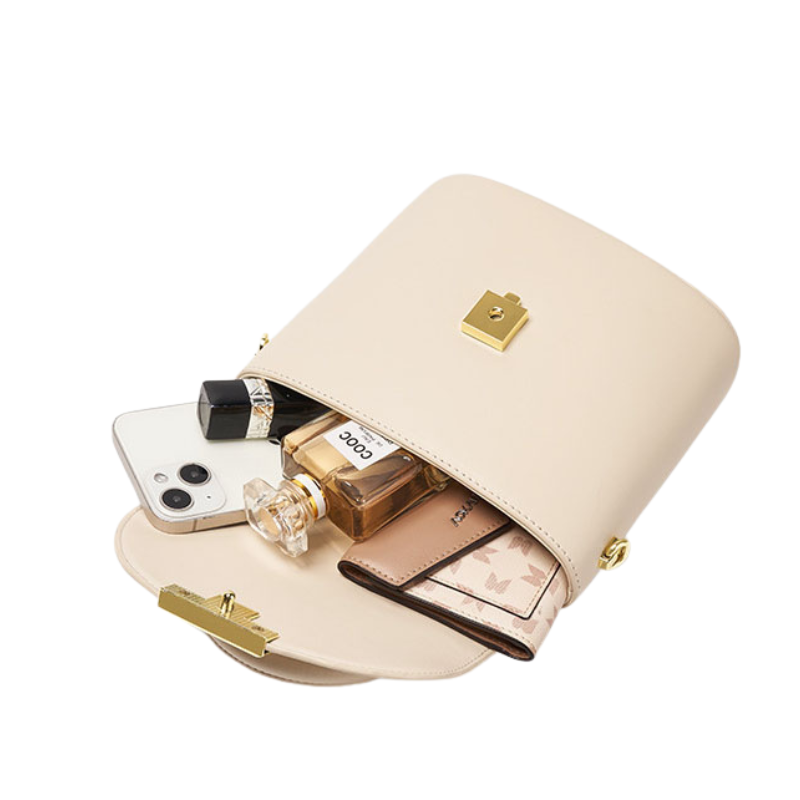 Lock buckle handbag interior with organized compartments for daily essentials