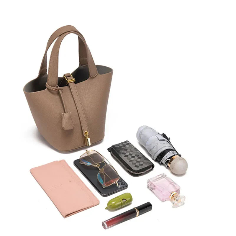 Mini Lock Buckle Crossbody Tote Bucket Bag taupe color lifestyle 2