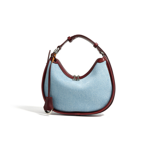 Minimalist Genuine Leather Crescent Shape Crossbody Baguette Bag blue and burgundy color