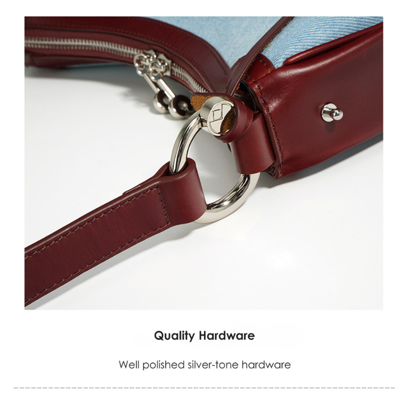 Minimalist Genuine Leather Crescent Shape Crossbody Baguette Bag blue and burgundy color showing clear closes image