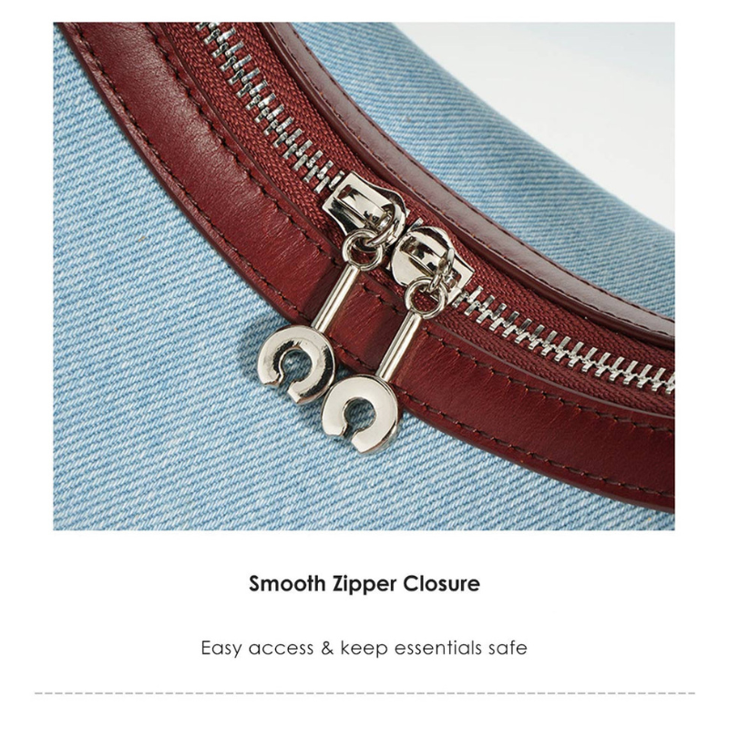 Minimalist Genuine Leather Crescent Shape Crossbody Baguette Bag blue and burgundy color showing zippers quality