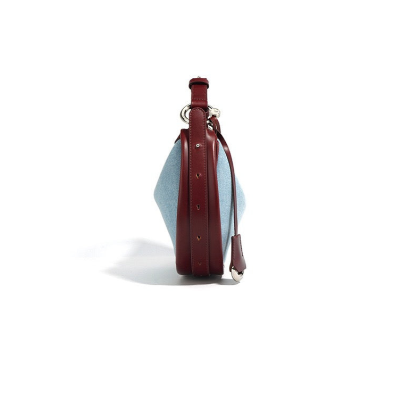 Minimalist Genuine Leather Crescent Shape Crossbody Baguette Bag blue and burgundy color side of the bag