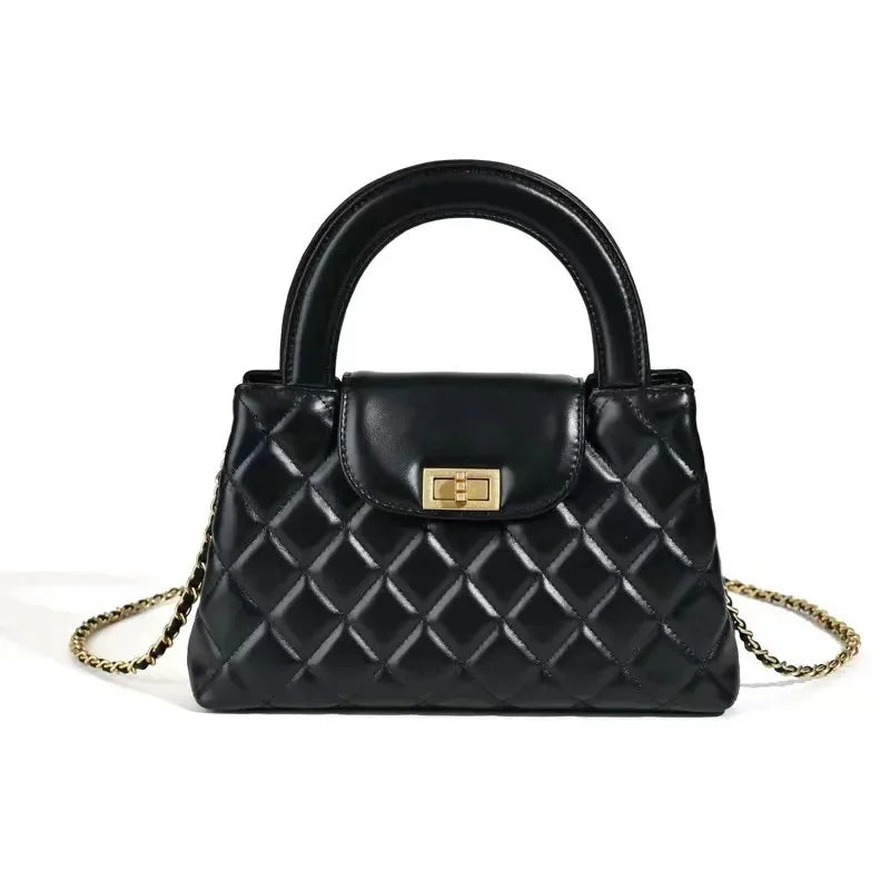 Minimalist Genuine Leather Crossbody Chain Quilted Handbag in Black color 