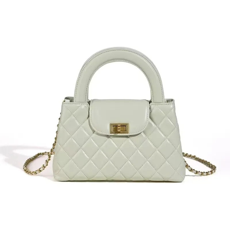Minimalist Genuine Leather Crossbody Chain Quilted Handbag in Ivory color 