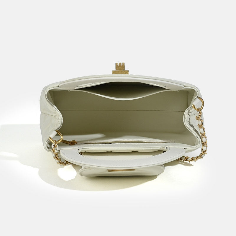 Minimalist Genuine Leather Crossbody Chain Quilted Handbag in Ivory color showing the interior