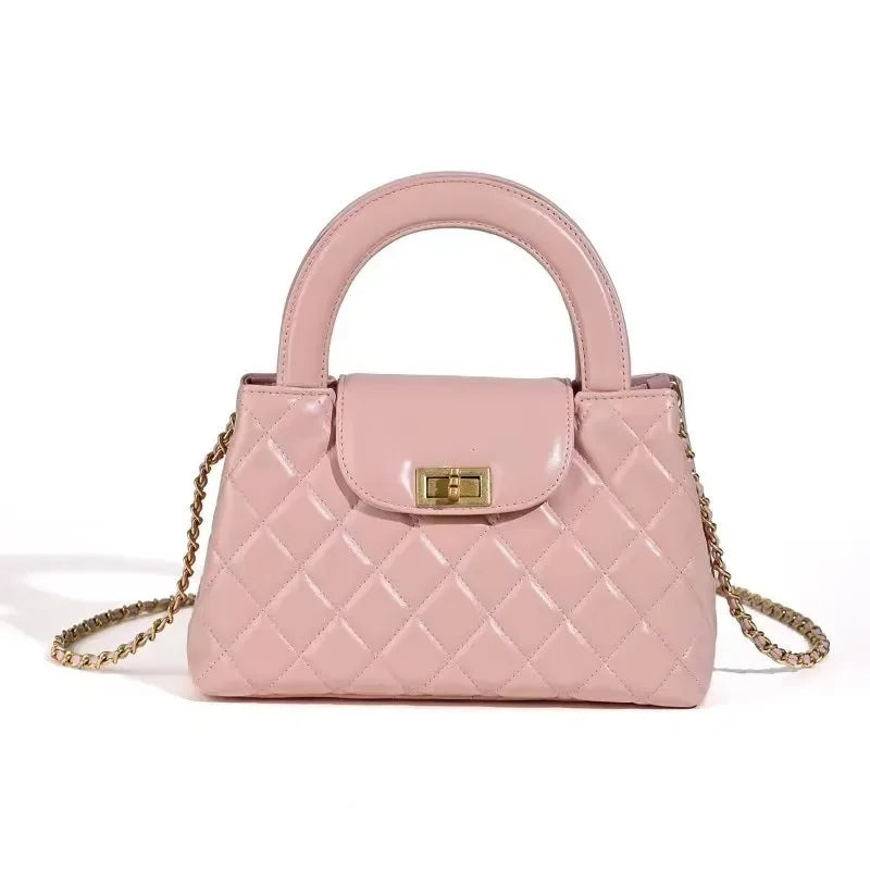 Minimalist Genuine Leather Crossbody Chain Quilted Handbag in Pink color 