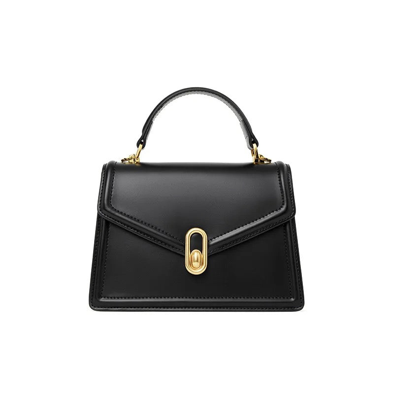 Minimalist Genuine Leather Magnetic Closure Crossbody Shoulder Top Handle Bag black color 