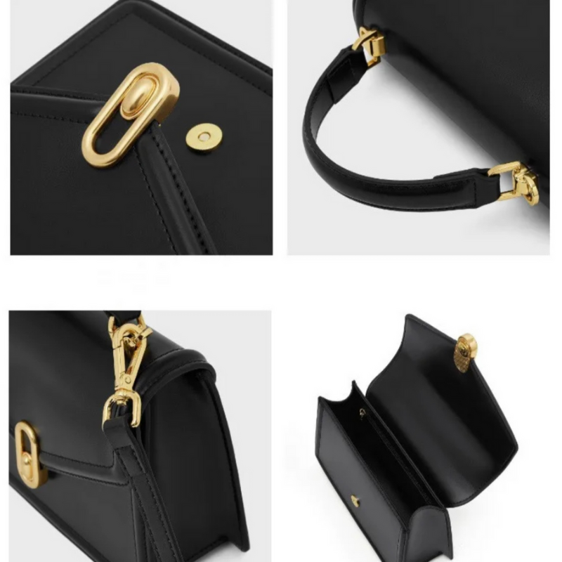 Minimalist Genuine Leather Magnetic Closure Crossbody Shoulder Top Handle Bag black color all the bag details