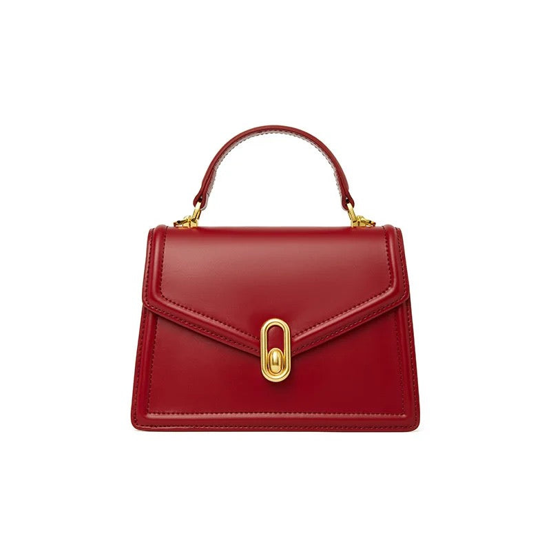 Minimalist Genuine Leather Magnetic Closure Crossbody Shoulder Top Handle Bag red color 
