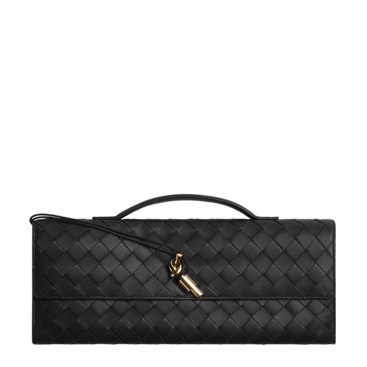 Minimalist Woven Leather Baguette Clutch Handbag black color