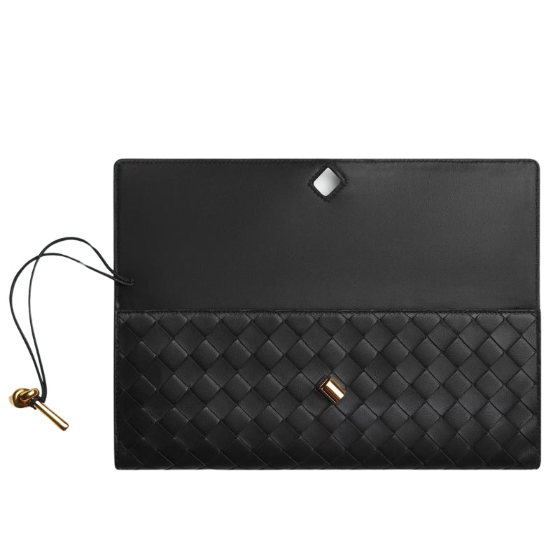 Minimalist Woven Leather Baguette Clutch Handbag black color Browse inside the bag