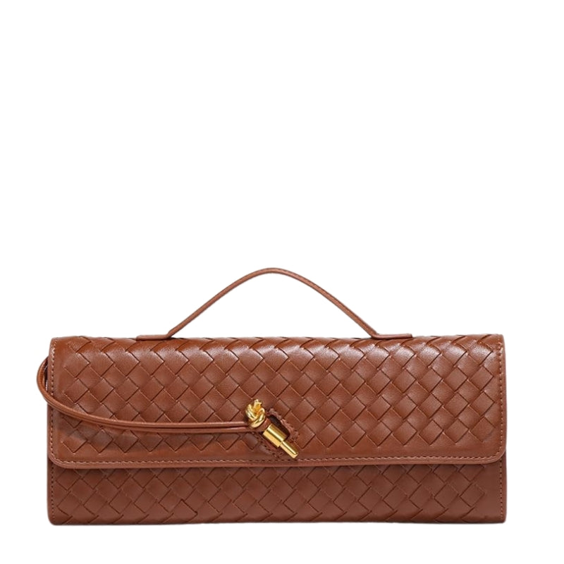 Minimalist Woven Leather Baguette Clutch Handbag brown color 
