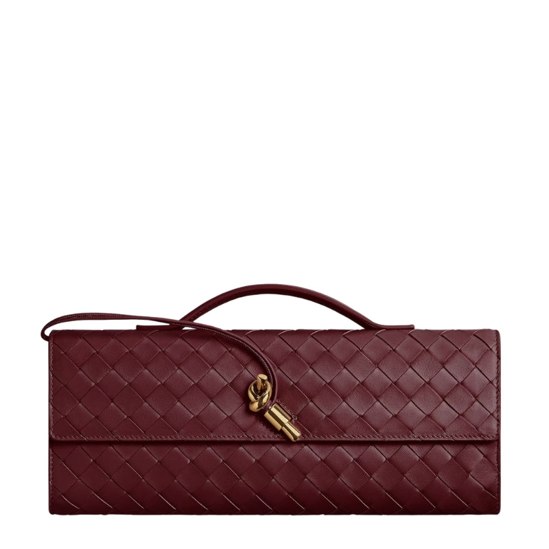 Minimalist Woven Leather Baguette Clutch Handbag burgundy color 