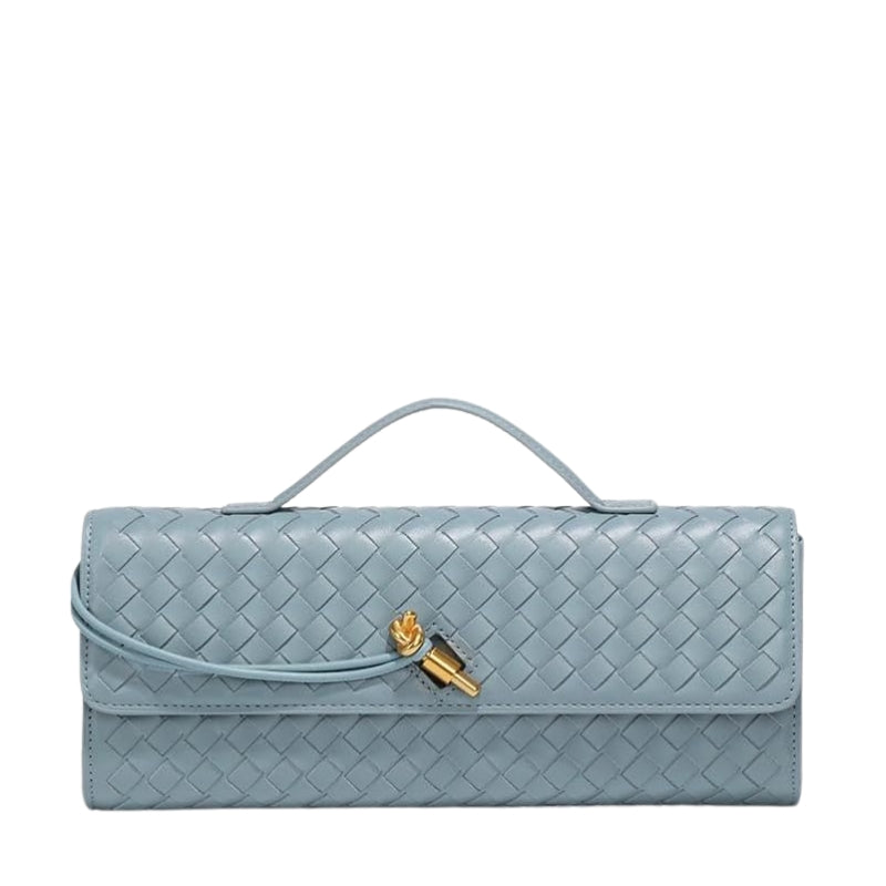Minimalist Woven Leather Baguette Clutch Handbag light blue color 