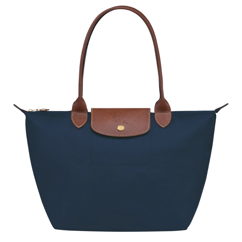 Navy foldable tote bag for women with leather handles