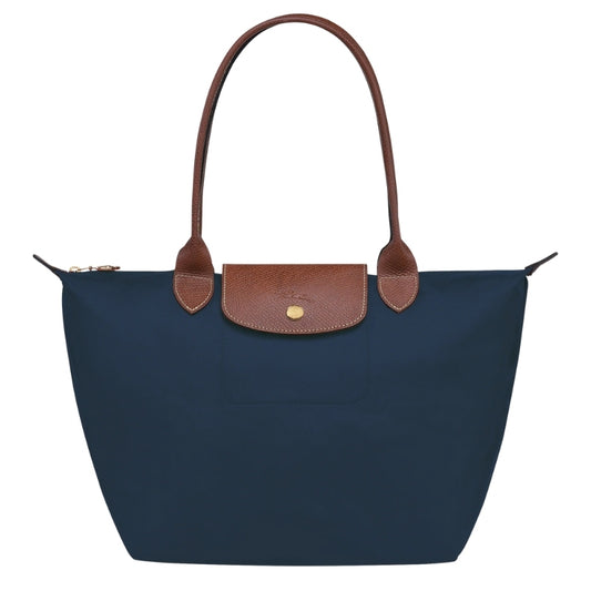 Navy foldable tote bag for women with leather handles
