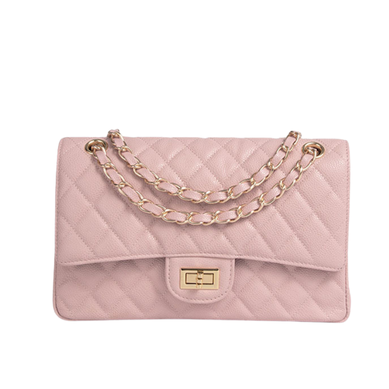 Quilted Genuine Leather Chain Strap Flap Bag with Lock Closure in Cavern Pink color