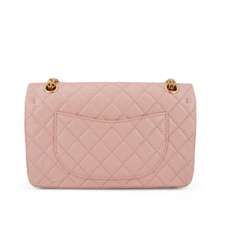 Quilted Genuine Leather Chain Strap Flap Bag with Lock Closure in Cavern Pink color from the back