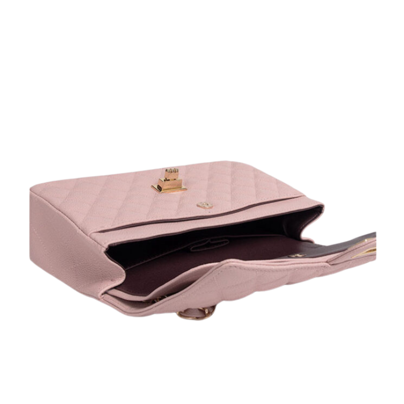 Quilted Genuine Leather Chain Strap Flap Bag with Lock Closure in Cavern Pink color from the inside