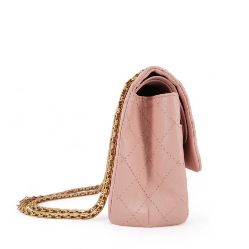 Quilted Genuine Leather Chain Strap Flap Bag with Lock Closure in Cavern Pink color from the side