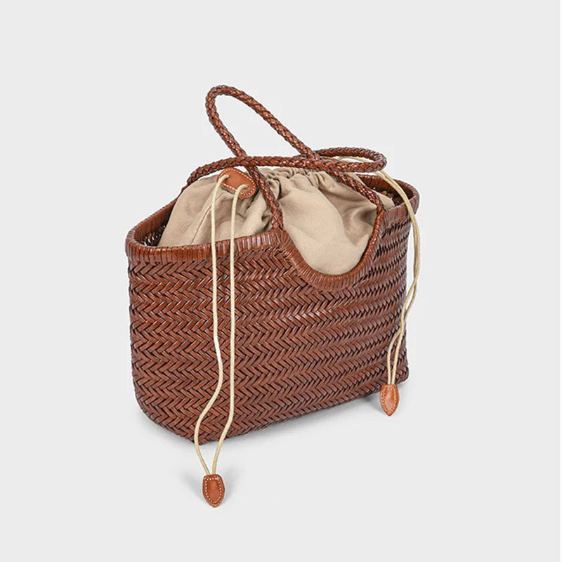 Side view of genuine leather woven tote bag
