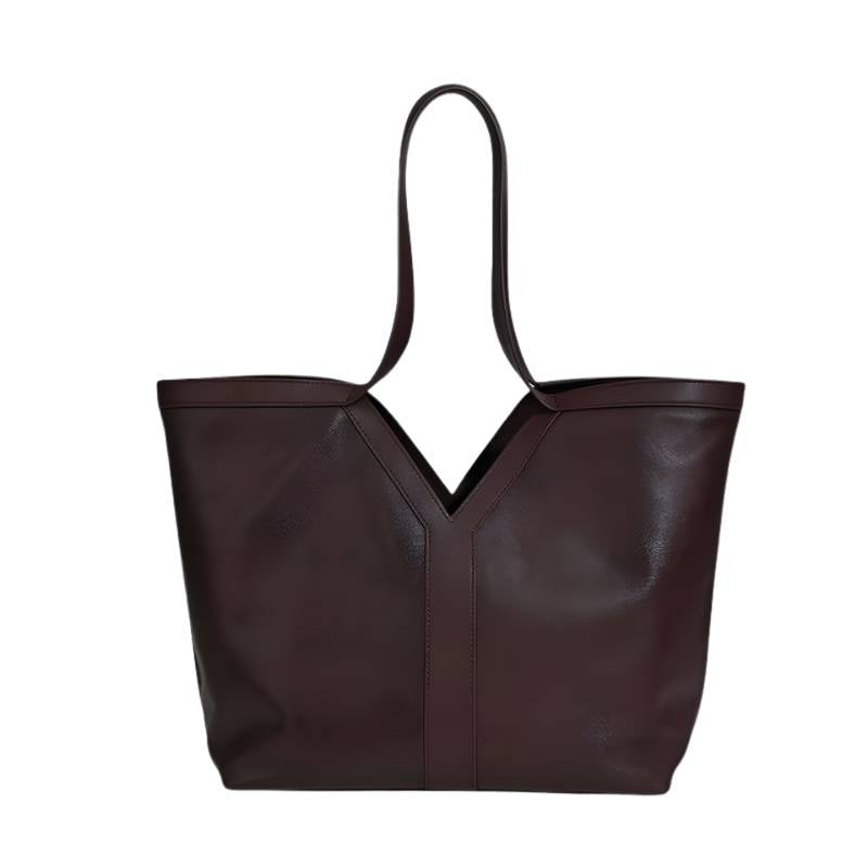 Soft leather tote bag for daily use for women in black wine color with open top design