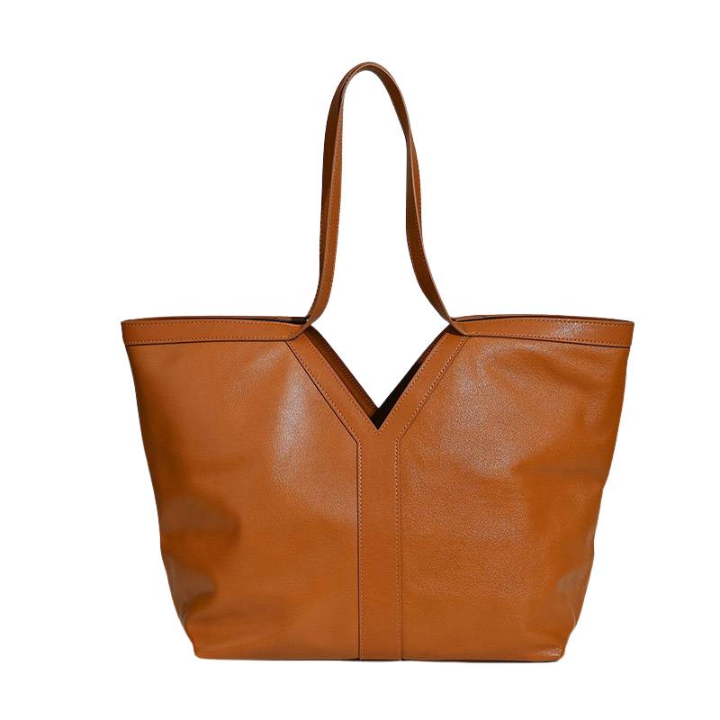 Soft leather tote bag for daily use for women in camel color with relaxed V-shape silhouette