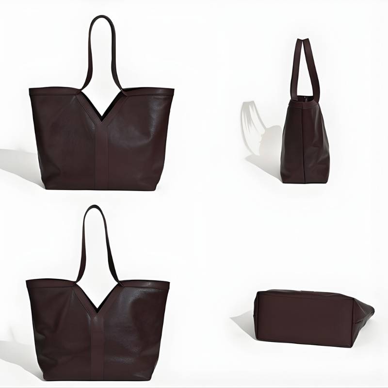 Soft leather tote bag for daily use for women shown from front, side, and back angles