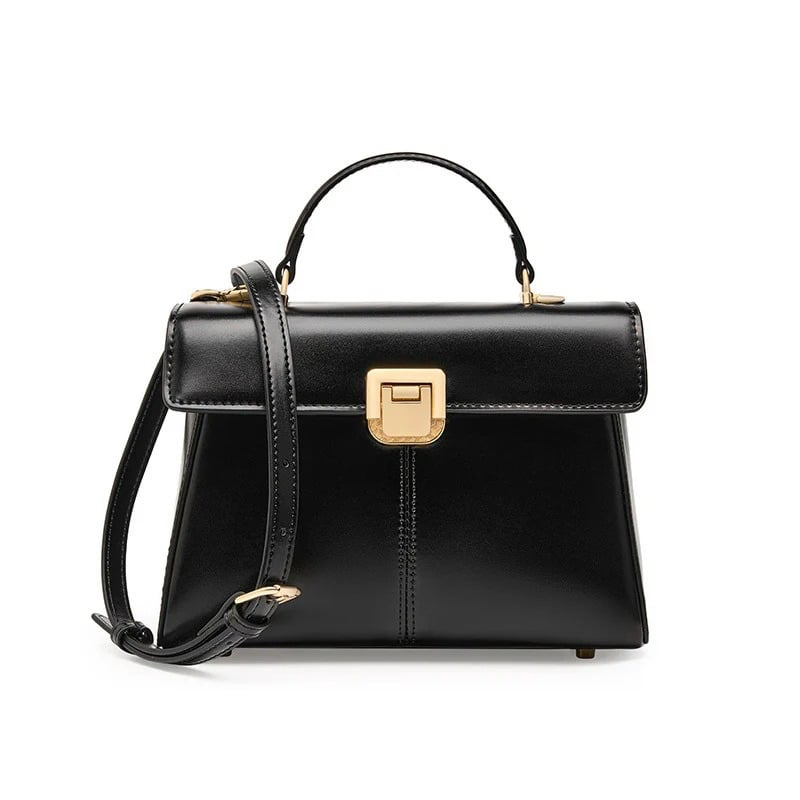 Top Handle Crossbody Genuine Leather Bag with Lock Closure in black color