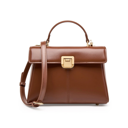 Top Handle Crossbody Genuine Leather Bag with Lock Closure in dark brown color