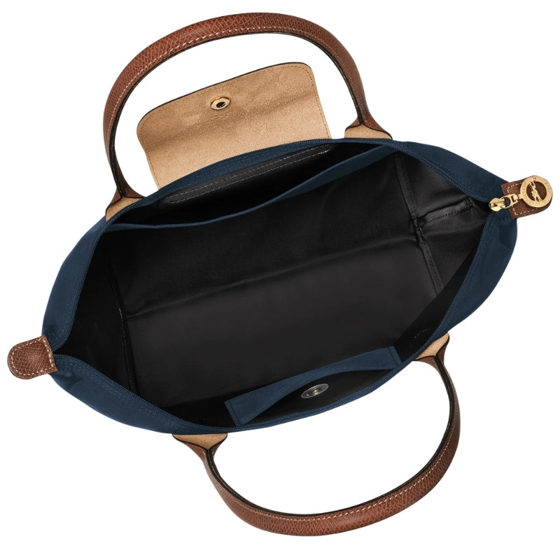 Top view of navy tote bag for women showing spacious interior and zip closure