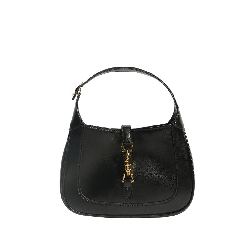 Women’s Vintage Genuine Leather Lock Buckle Saddle Shoulder Tote Bag in Black color from front
