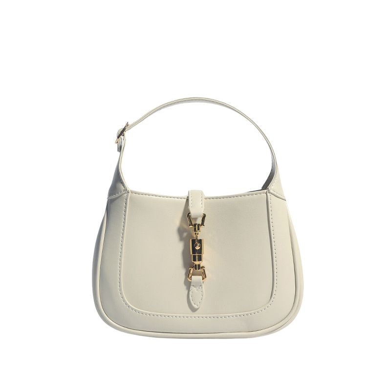 Vintage Genuine Leather Lock Buckle Saddle Shoulder Tote Bag in Ivory color from front