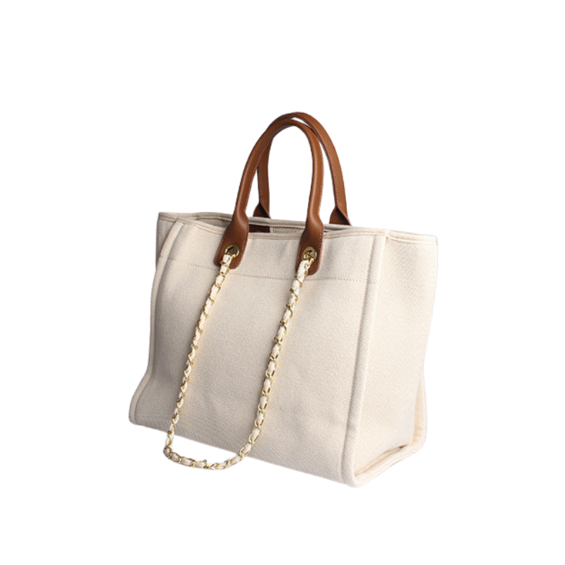 Women’s Beige Canvas Pearls Large Beach Tote showing back of the bag